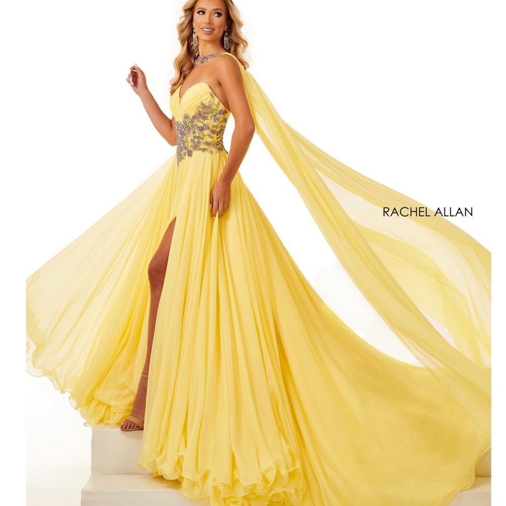 Rachel Allan Yellow Gown with Silver Accents